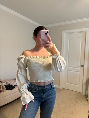 Superdown Cream Smocked Off-Shoulder Puff Sleeve Crop Top